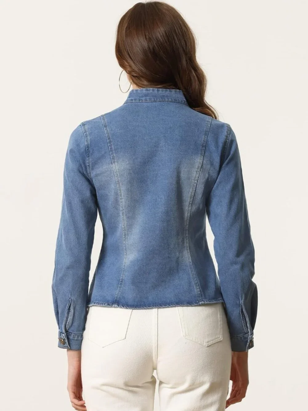 Women's Blue Classic Stand Collar Long Sleeve Denim Jackets Flap Chest Pockets